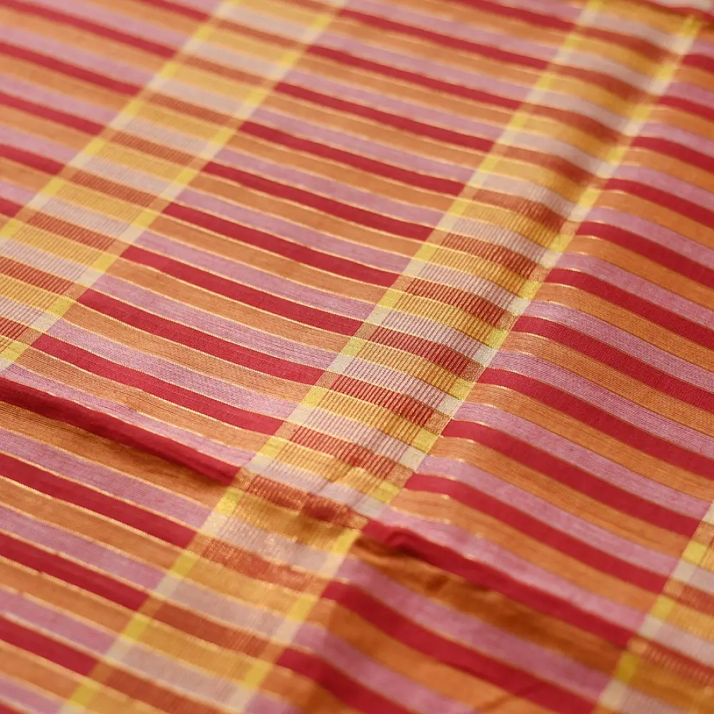 handloom pure cotton saree with vibrant pink orange yellow multicolor stripes contrast purple zari border and handcrafted navy tassels