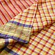 handloom pure cotton saree with vibrant pink orange yellow multicolor stripes contrast purple zari border and handcrafted navy tassels