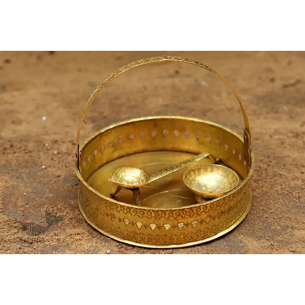 Ahar ✽ Brass ~ Flower Pooja Basket with Diya ( Set of Three ) - 1 ( Round Basket - 6.5 x 6.5 )