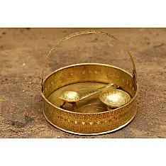 Ahar ✽ Brass ~ Flower Pooja Basket with Diya ( Set of Three ) - 1 ( Round Basket - 6.5" x 6.5" )