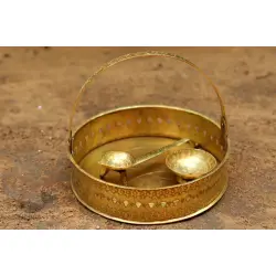 Ahar ✽ Brass ~ Flower Pooja Basket with Diya ( Set of Three ) - 1 ( Round Basket - 6.5" x 6.5" )