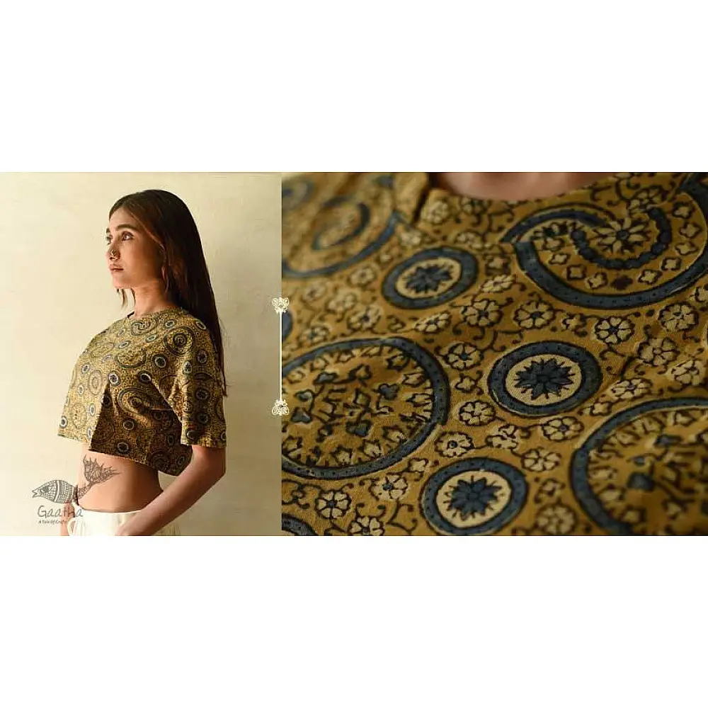 buy Yellow Cotton Crop Top - Vegetable Dyed Ajrakh Hand Printed
