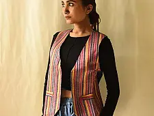 Mashru & Denim Jacket | Reversible Jacket - Multi Color Stripes