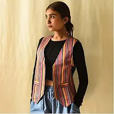 Mashru & Denim Jacket | Reversible Jacket - Multi Color Stripes