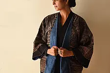 Kimono | Denim & Ajrakh Reversible Cotton Jacket With Kantha Stich