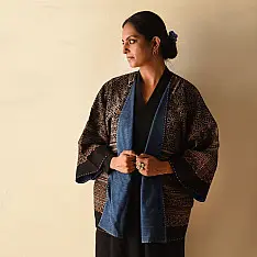 Kimono | Denim & Ajrakh Reversible Cotton Jacket With Kantha Stich