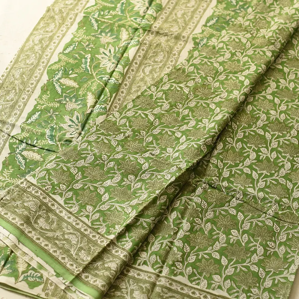 shop summer Special Bagru Printed Cotton Green Saree