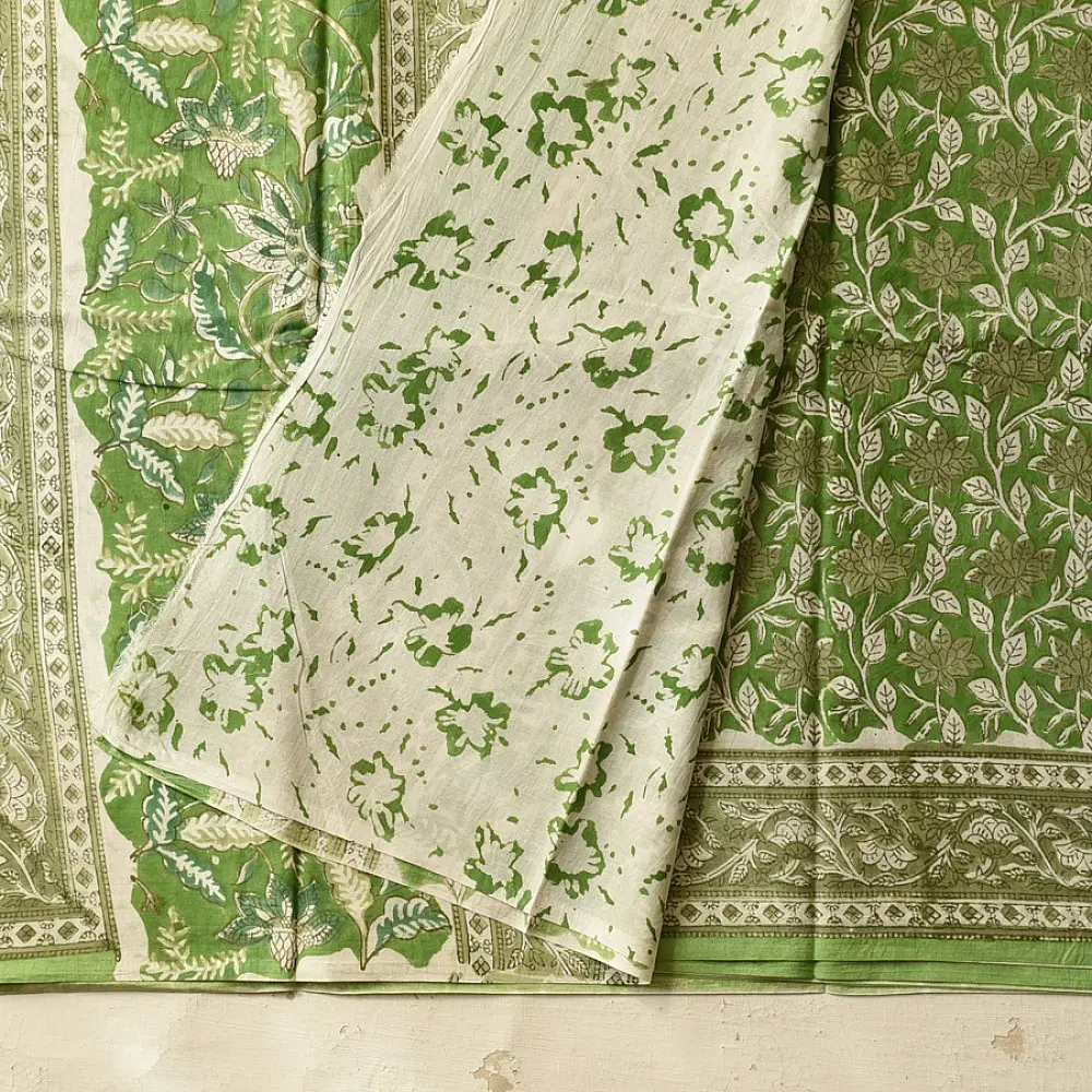 shop summer Special Bagru Printed Cotton Green Saree