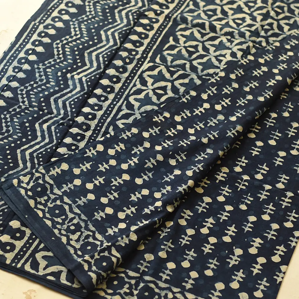 Exclusive Block Printed Dabu ~ Indigo Pure Cotton Saree