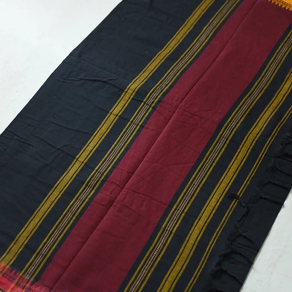 handloom begampuri pure cotton saree in charcoal black with mustard yellow and maroon woven temple borders   