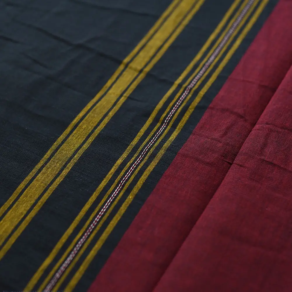 handloom begampuri pure cotton saree in charcoal black with mustard yellow and maroon woven temple borders   