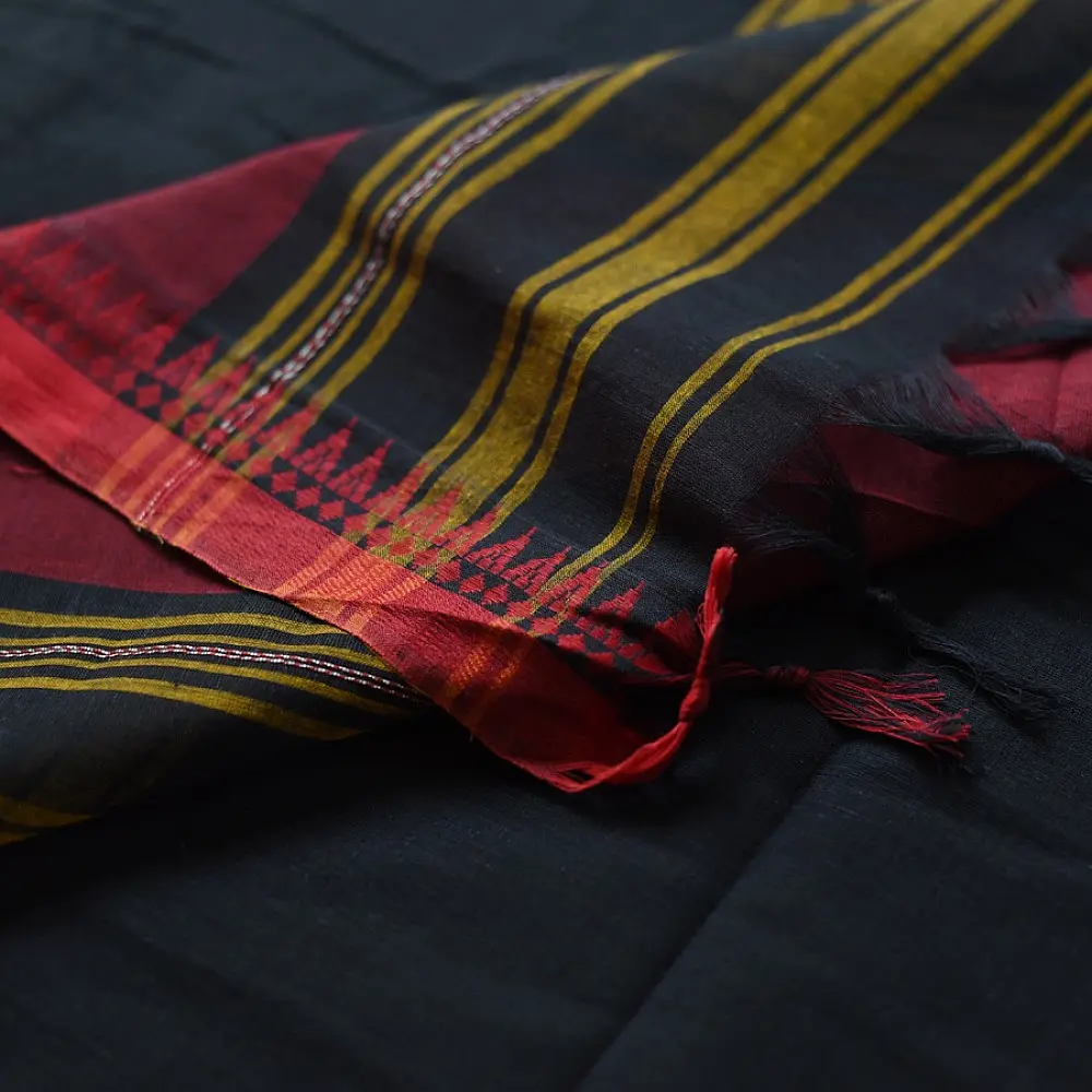 handloom begampuri pure cotton saree in charcoal black with mustard yellow and maroon woven temple borders   