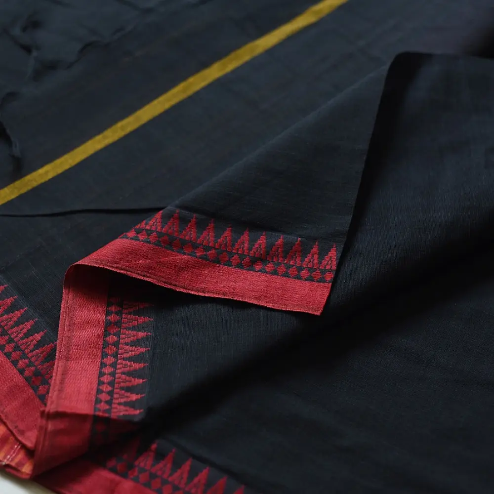 handloom begampuri pure cotton saree in charcoal black with mustard yellow and maroon woven temple borders   