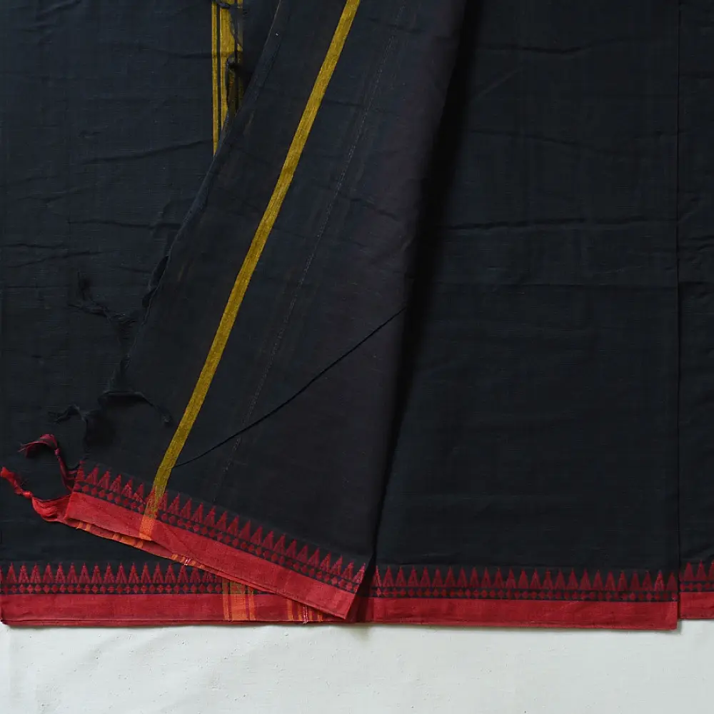 handloom begampuri pure cotton saree in charcoal black with mustard yellow and maroon woven temple borders   