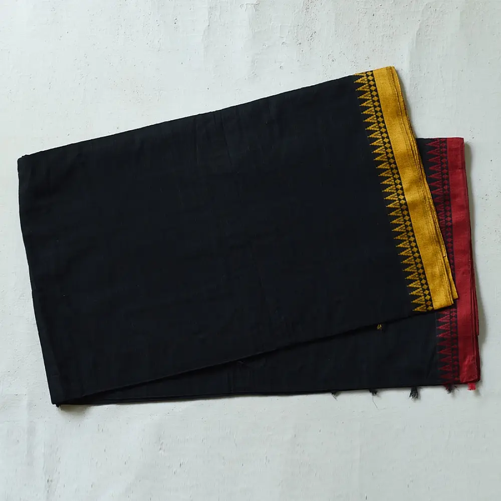 handloom begampuri pure cotton saree in charcoal black with mustard yellow and maroon woven temple borders   