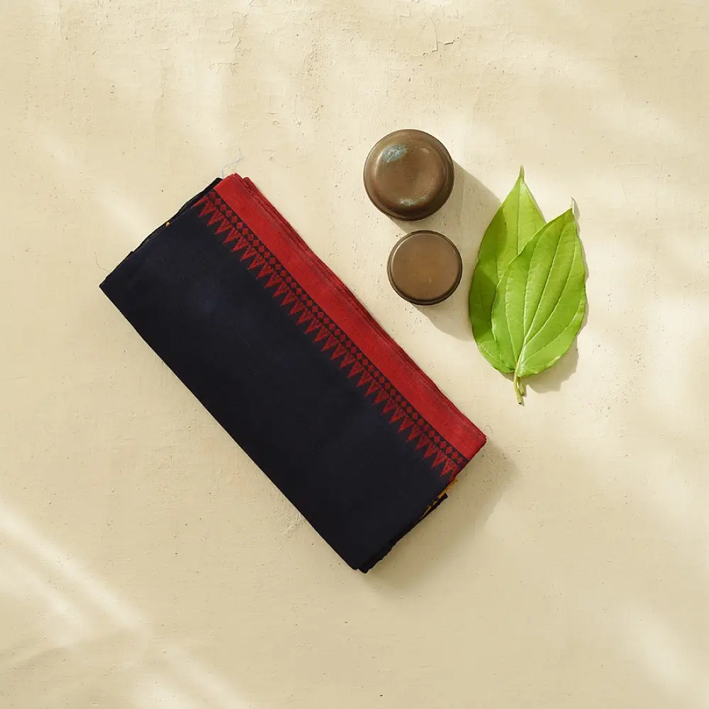 handloom begampuri pure cotton saree in charcoal black with mustard yellow and maroon woven temple borders   