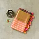 handloom pure cotton saree with peach and orange sunset striped pattern woven gold zari border and handcrafted pink and orange tassels