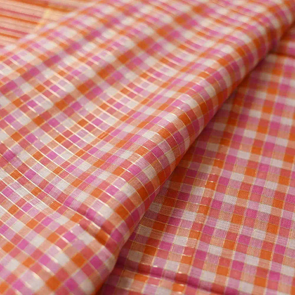 handloom pure cotton saree with peach and orange sunset striped pattern woven gold zari border and handcrafted pink and orange tassels