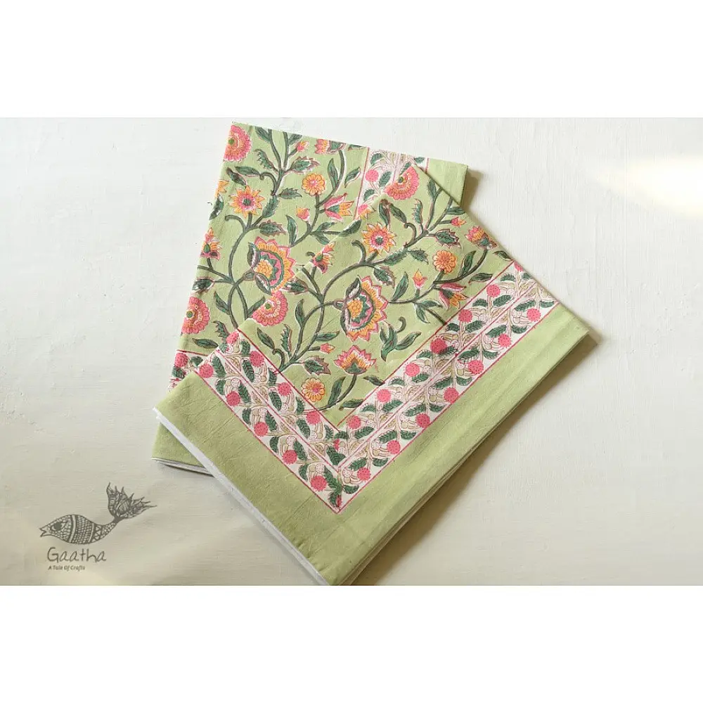 shop Sanganeri Hand block Printed Double Bedsheet  with Pillow Covers- Light Green