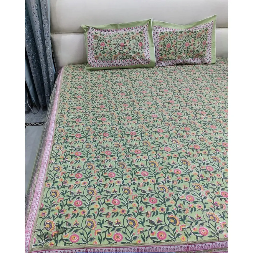 shop Sanganeri Hand block Printed Double Bedsheet  with Pillow Covers- Light Green