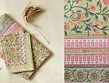 Landscapes Under My Roof ✿ Sanganeri Hand block Printed Double Bedsheet  with Pillow Covers- Light Green
