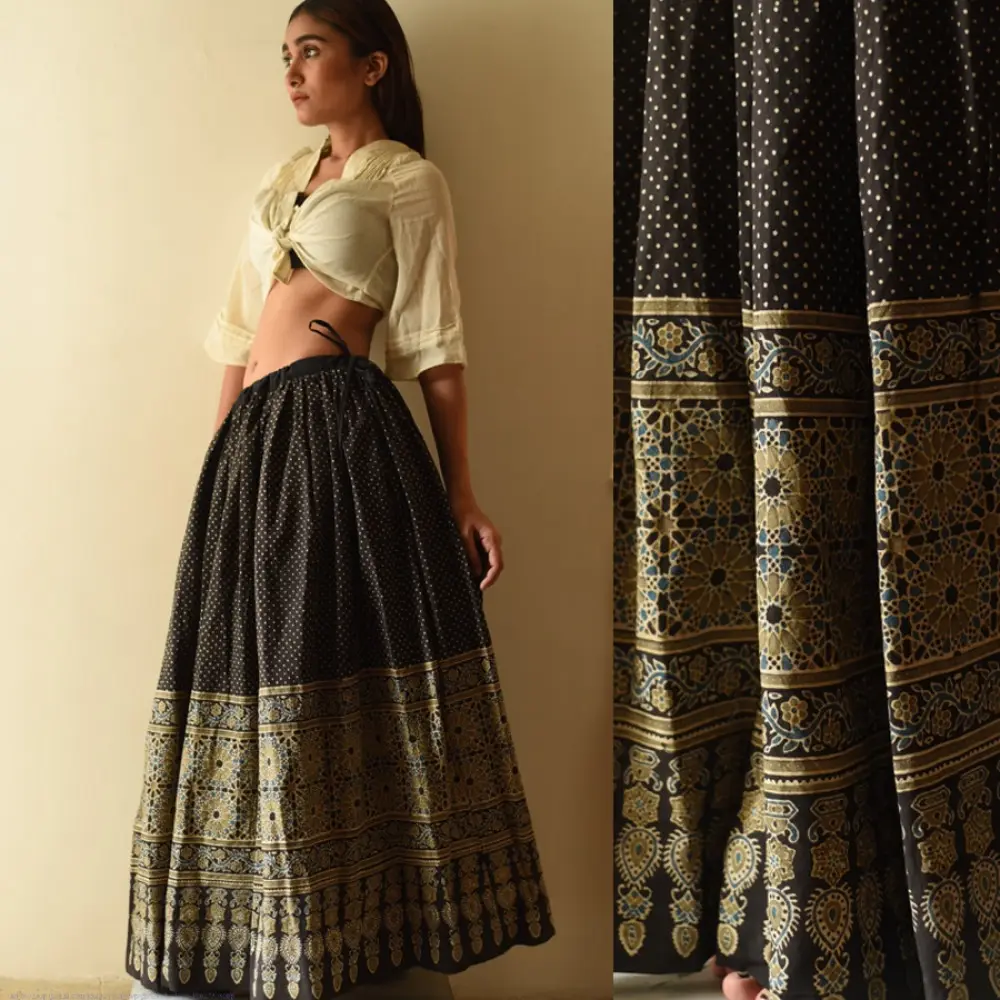 shop  Ajrakh Prints with Natural Dye - Carbon Black Long Skirt