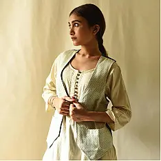 Mashru & Denim Jacket | Reversible - Off White With Green Dots
