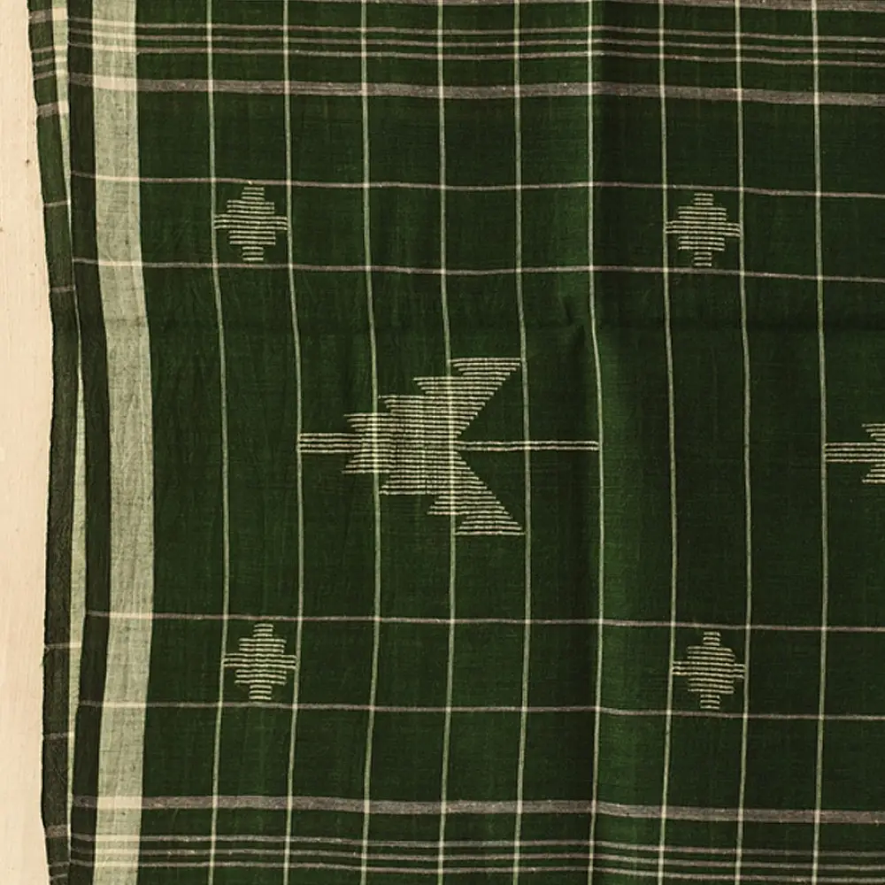 shop Handloom Soft Cotton Jamdani Stole - Bottle Green