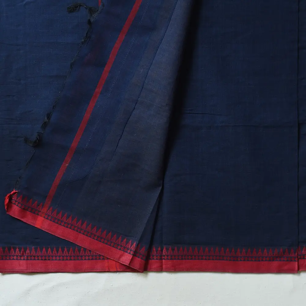 handloom begampuri pure cotton saree in navy blue with mustard yellow and maroon woven temple borders