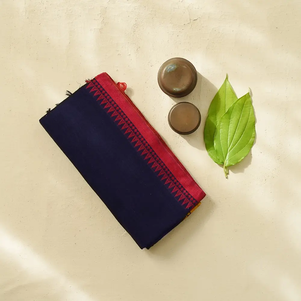 handloom begampuri pure cotton saree in navy blue with mustard yellow and maroon woven temple borders