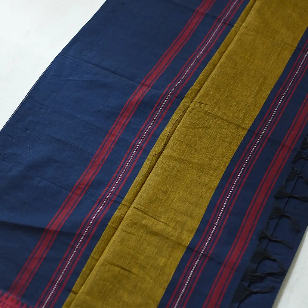 handloom begampuri pure cotton saree in navy blue with mustard yellow and maroon woven temple borders