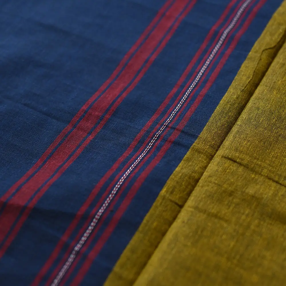 handloom begampuri pure cotton saree in navy blue with mustard yellow and maroon woven temple borders