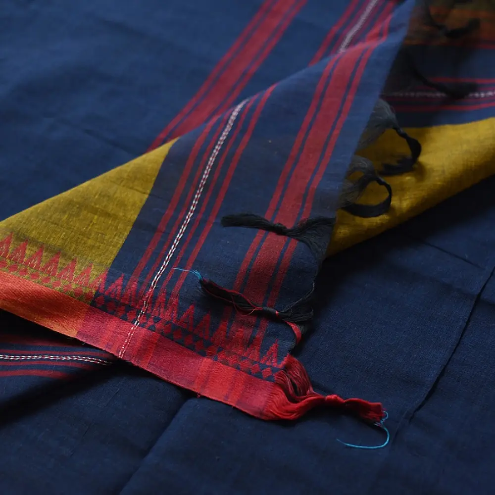 handloom begampuri pure cotton saree in navy blue with mustard yellow and maroon woven temple borders