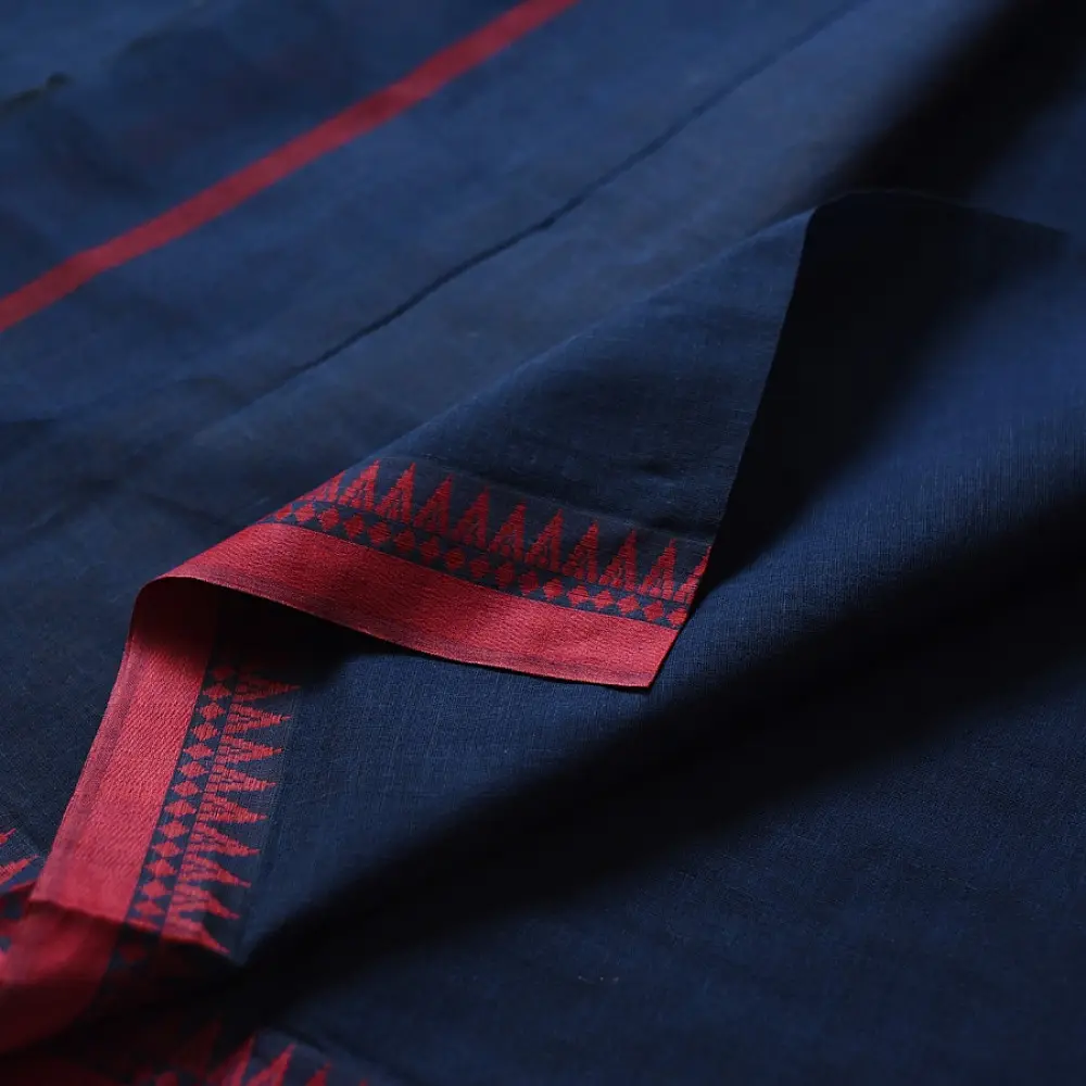 handloom begampuri pure cotton saree in navy blue with mustard yellow and maroon woven temple borders