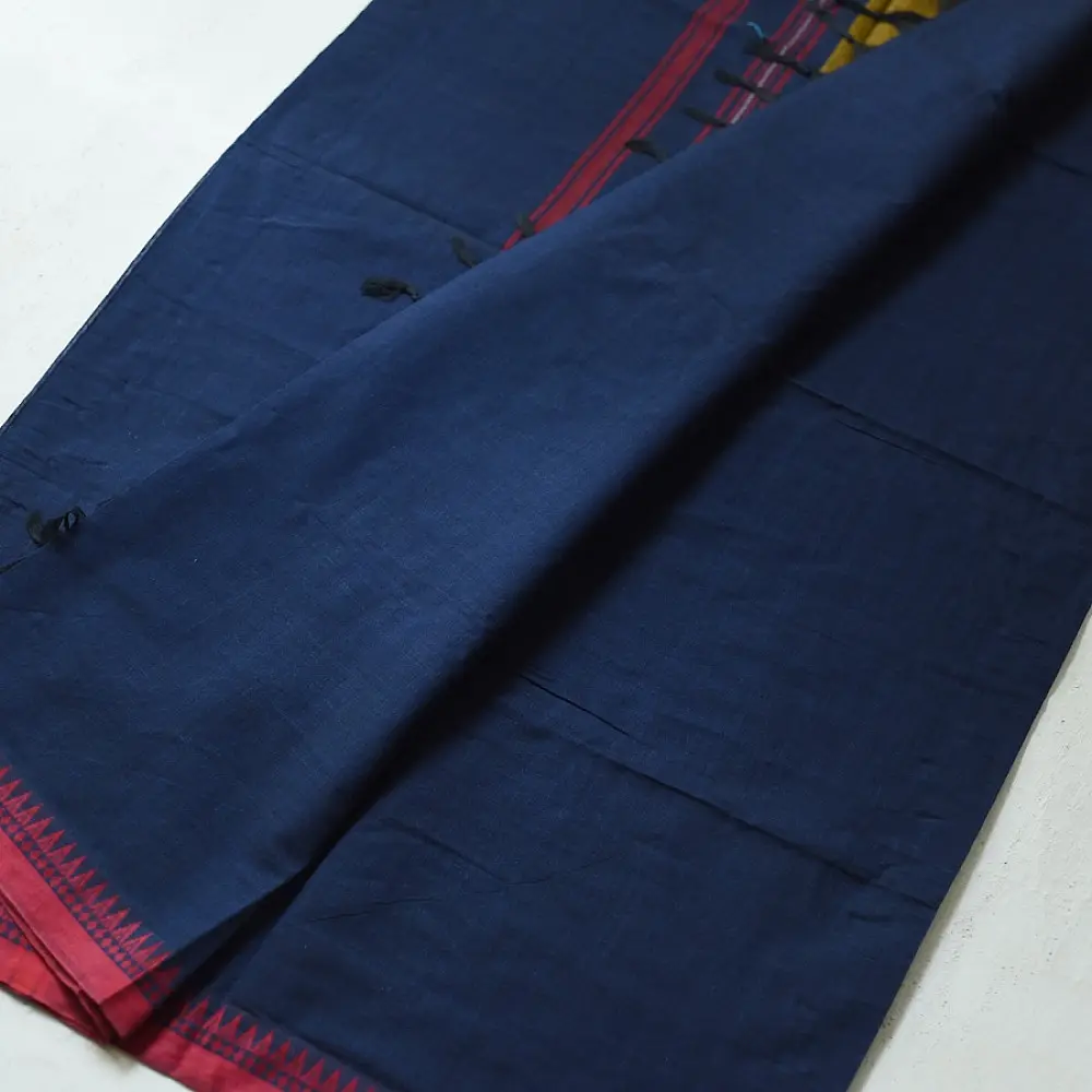 handloom begampuri pure cotton saree in navy blue with mustard yellow and maroon woven temple borders