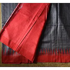 Kamakshi | Pure Tussar Silk Saree - Black With Red Border