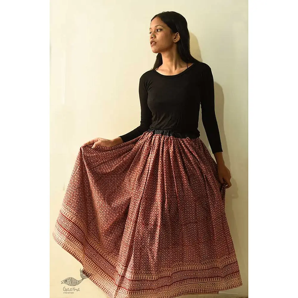 shop Jawariya Block Printed Long Skirt / Ghagra - Red