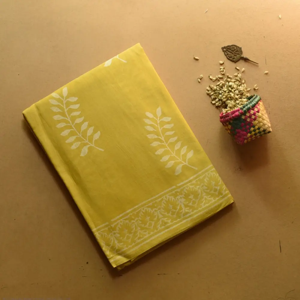 shop Bagru Printed Cotton Yellow Saree