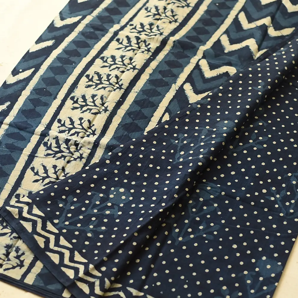 Exclusive Block Printed Cotton Dabu ~ Doted Indigo Saree