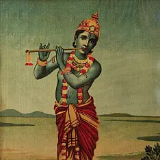 Memory Lines | Indian Antique Raja Ravi Verma Print Krishna  ( With Frame) 