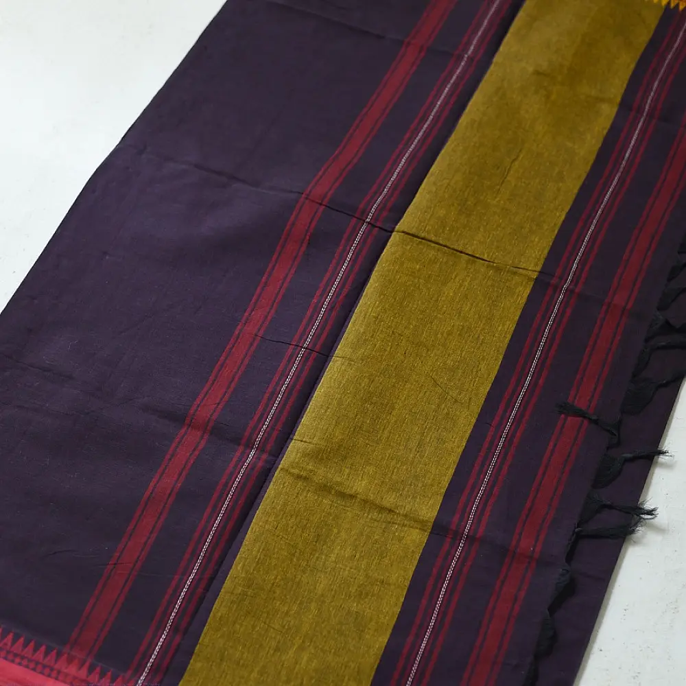 handloom begampuri pure cotton saree in deep dark violet with yellow and red woven temple borders