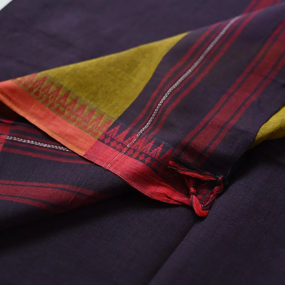 handloom begampuri pure cotton saree in deep dark violet with yellow and red woven temple borders