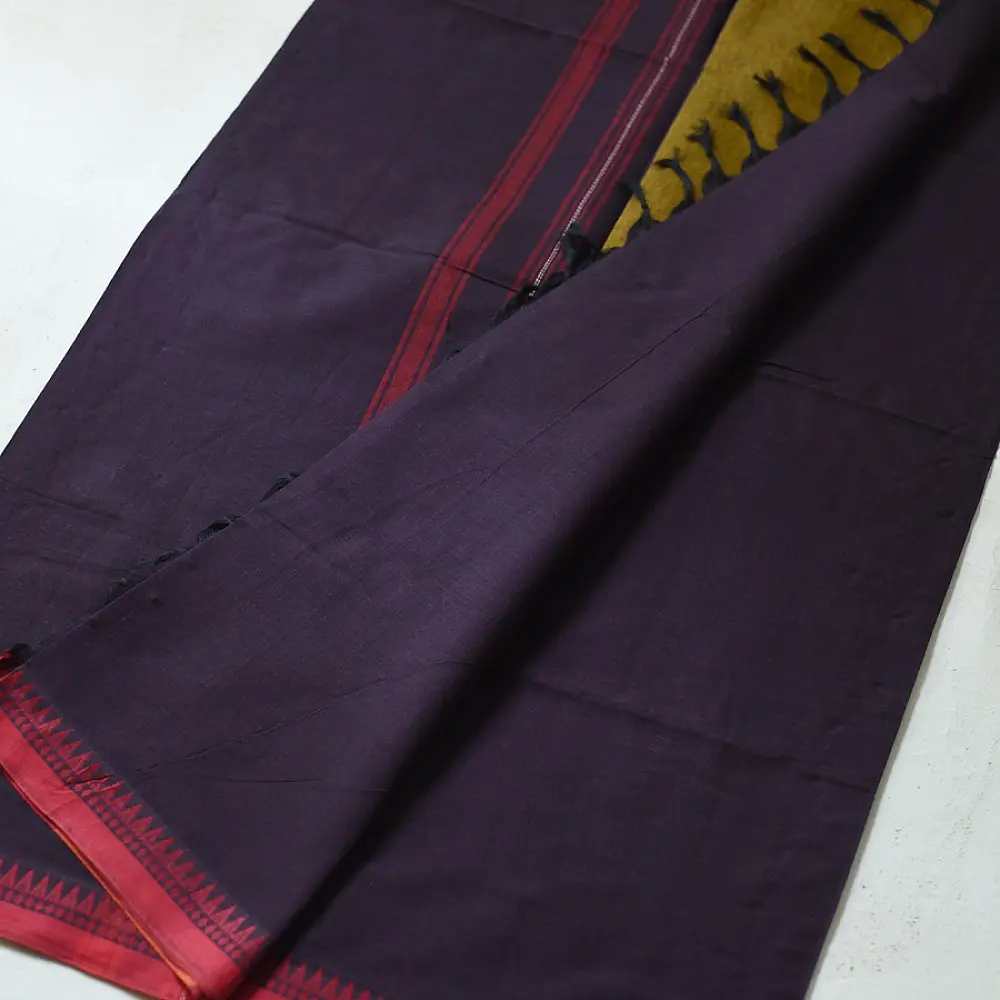 handloom begampuri pure cotton saree in deep dark violet with yellow and red woven temple borders
