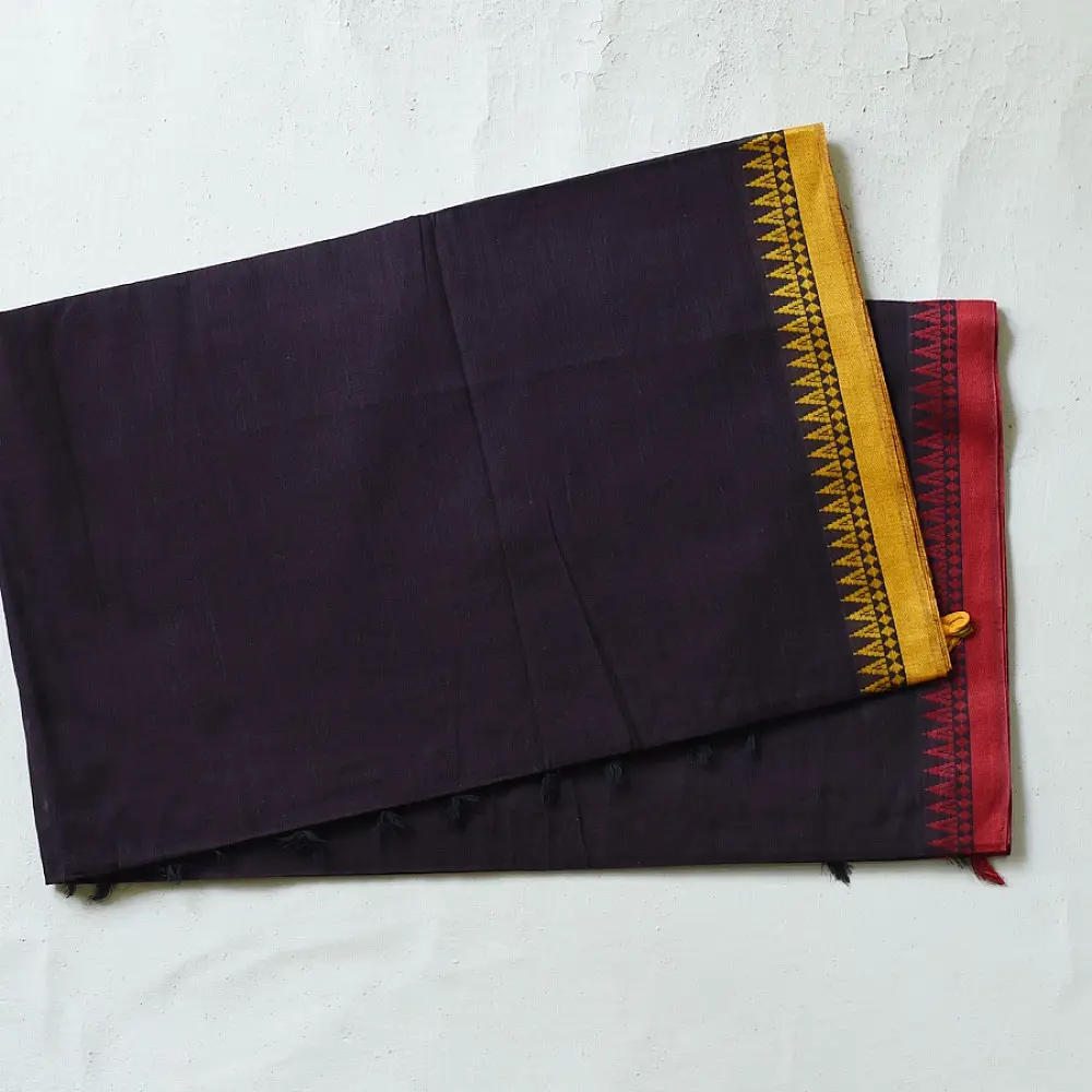 handloom begampuri pure cotton saree in deep dark violet with yellow and red woven temple borders