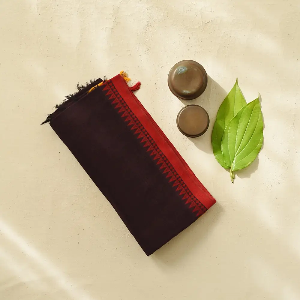 handloom begampuri pure cotton saree in deep dark violet with yellow and red woven temple borders