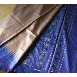 Kamakshi | Pure Tussar Silk Saree - Silver Brown With Blue Border