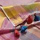 handloom pure cotton saree in soft baby pink featuring subtle fine stripes contrast woven zari border and handcrafted turquoise blue tassels on pallu
