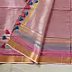 handloom pure cotton saree in soft baby pink featuring subtle fine stripes contrast woven zari border and handcrafted turquoise blue tassels on pallu