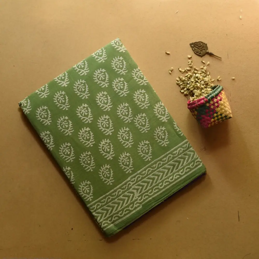 shop Bagru Block Printed Cotton Green Saree With Purple Pallu