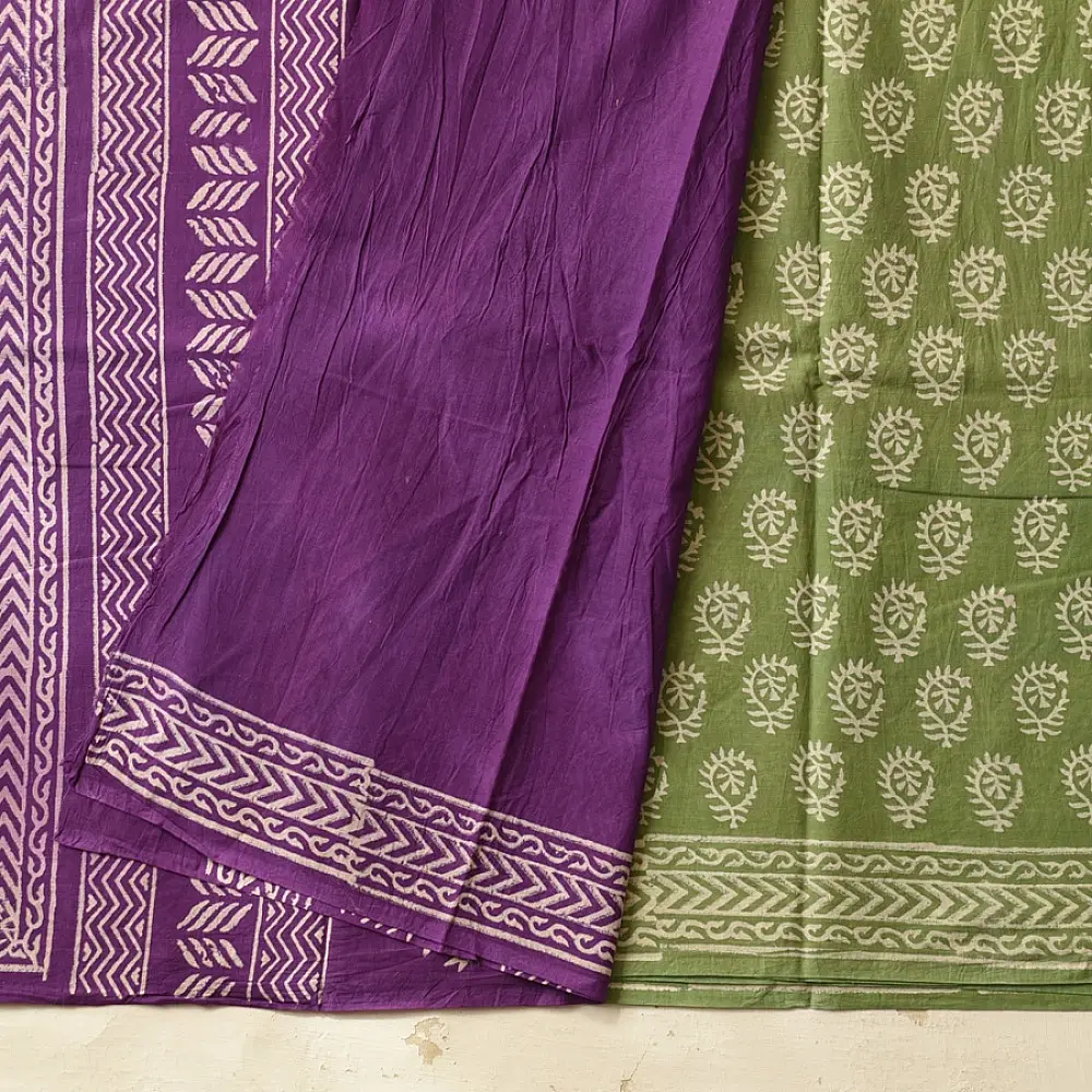 shop Bagru Block Printed Cotton Green Saree With Purple Pallu